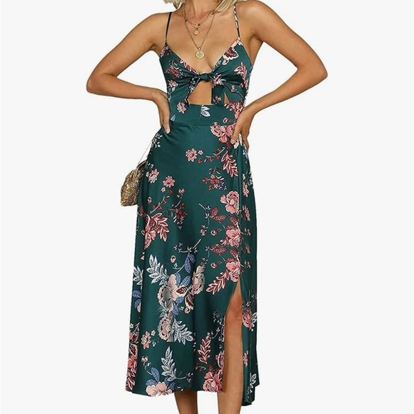 Floral Green Midi Dress with Slit - Picture 1 of 11